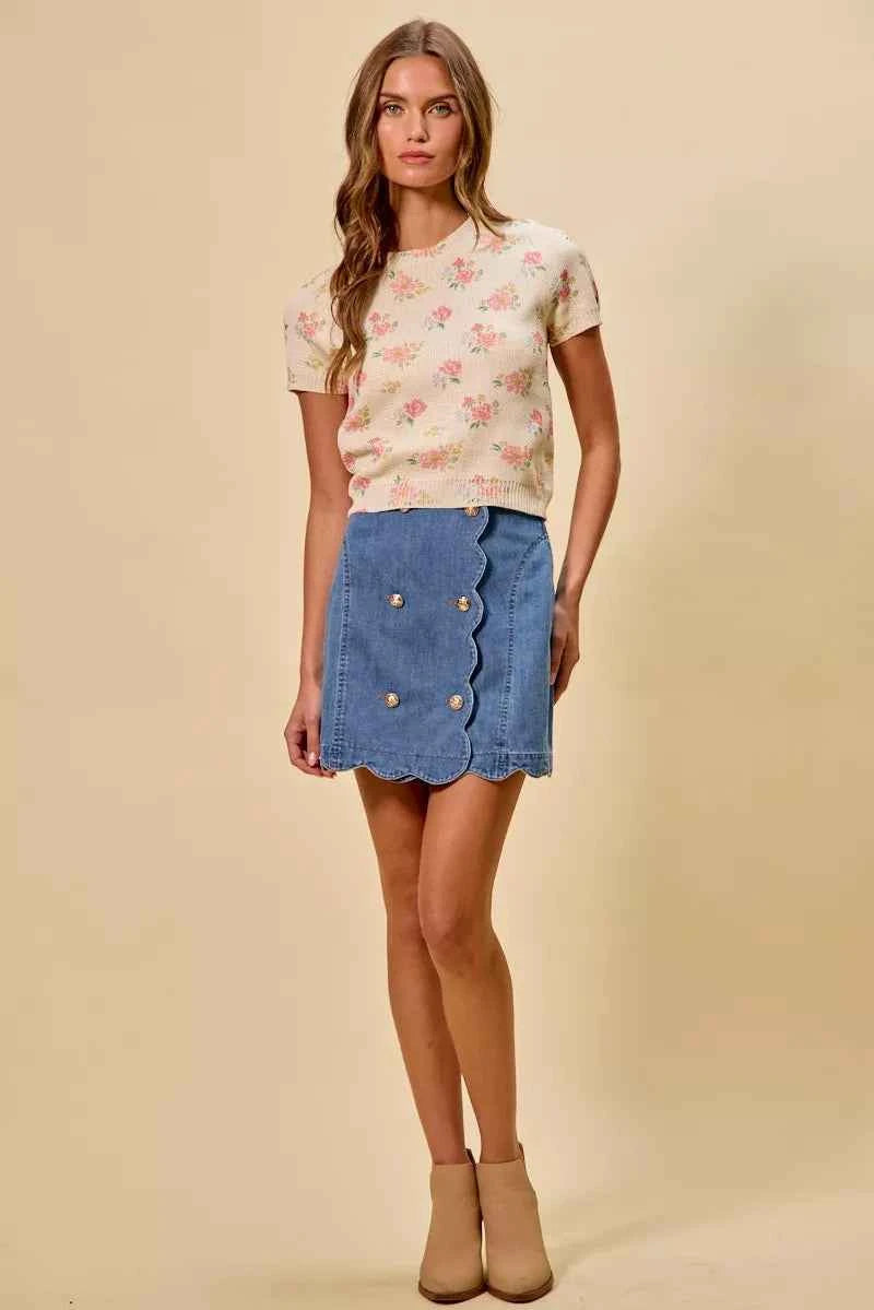 Denim Scalloped Buttoned Front Skirt by So Me