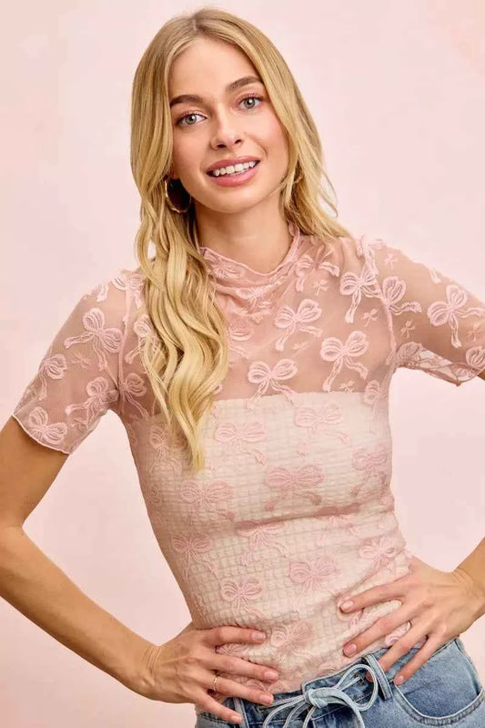 BiBi High Neckline Short Sleeves Bow Pattern Mesh Top Front View 2