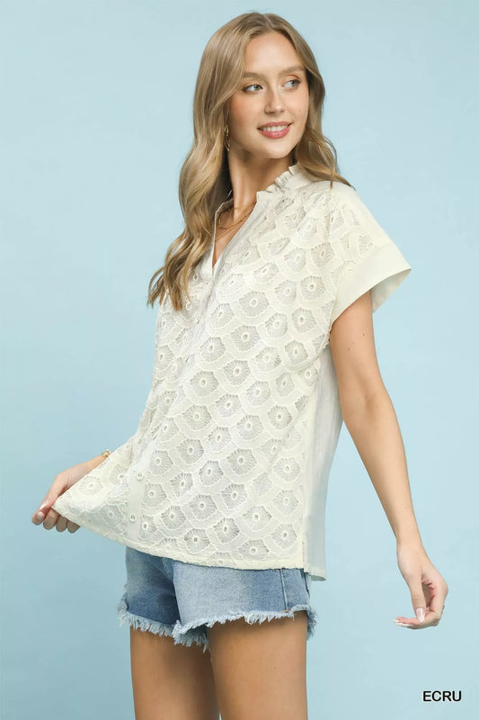 Ecru Lace Button Front Blouse|Feminine Detail & Relaxed Fit by Umgee Side View