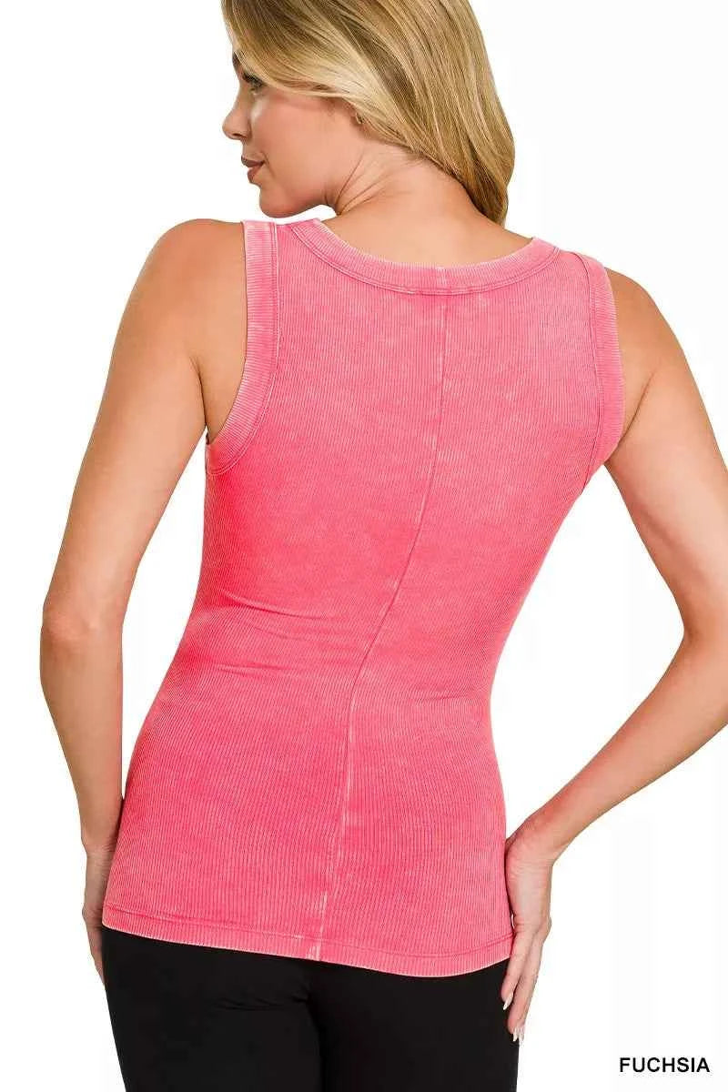Fuchsia Washed Ribbed Scoop Neck Tank Top by Zenana Back View