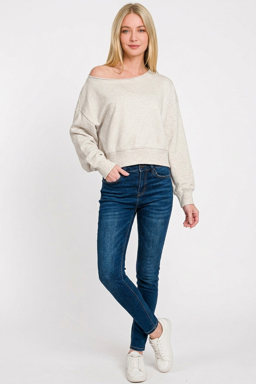 Gray Boat Neck Cropped Sweatshirt by Zenana full view