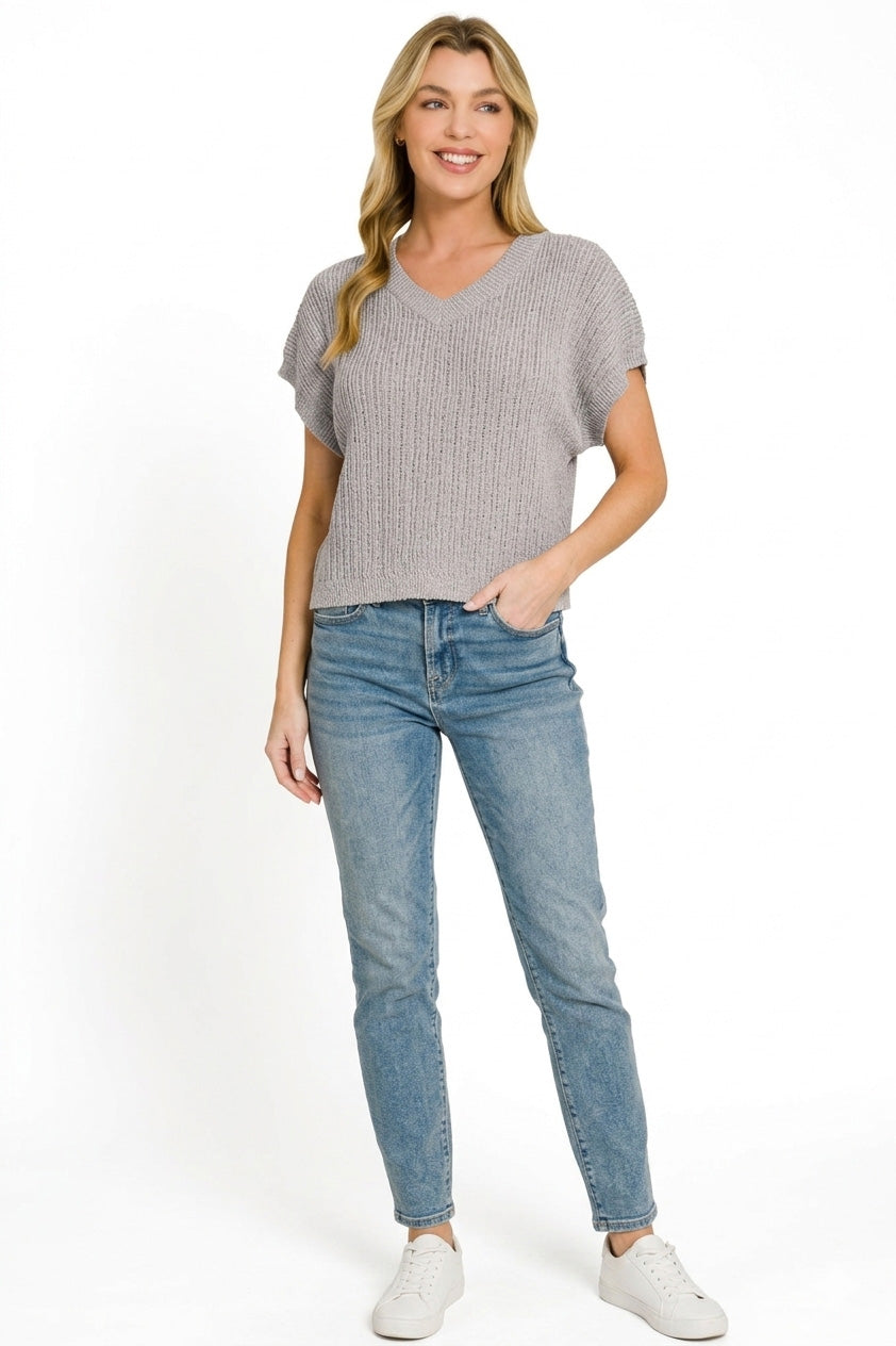 Gray Textured Knit V-Neck Short Sleeve Cropped Sweater by Zenana full view