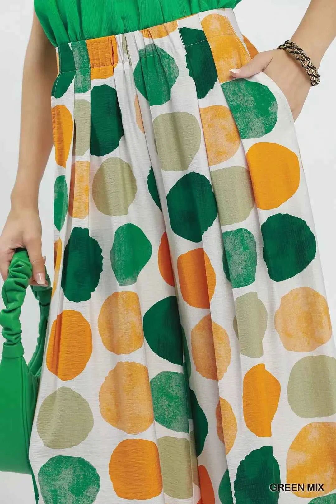 Green Mix Dot Print Wide Leg Pants with Pockets by Umgee