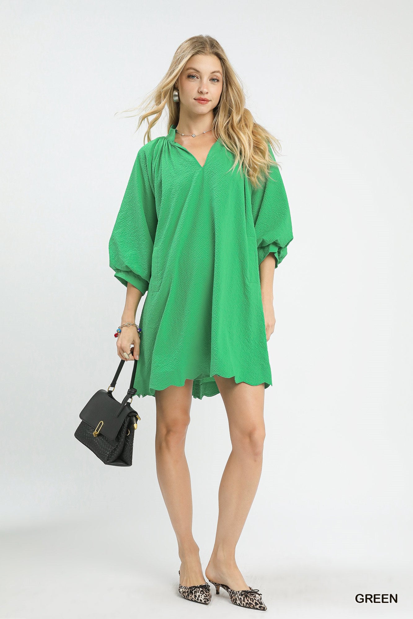 Green V-Neck Mini Dress W/ Balloon Sleeves & Pockets by Umgee Full View