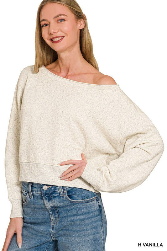 Heather Vanilla Fleece Boat-Neck Sweatshirt by Zenana Side View