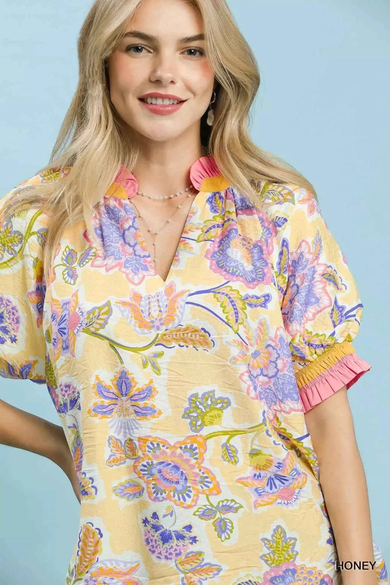 Honey Floral Print Ruffled Short Sleeve Top by Umgee