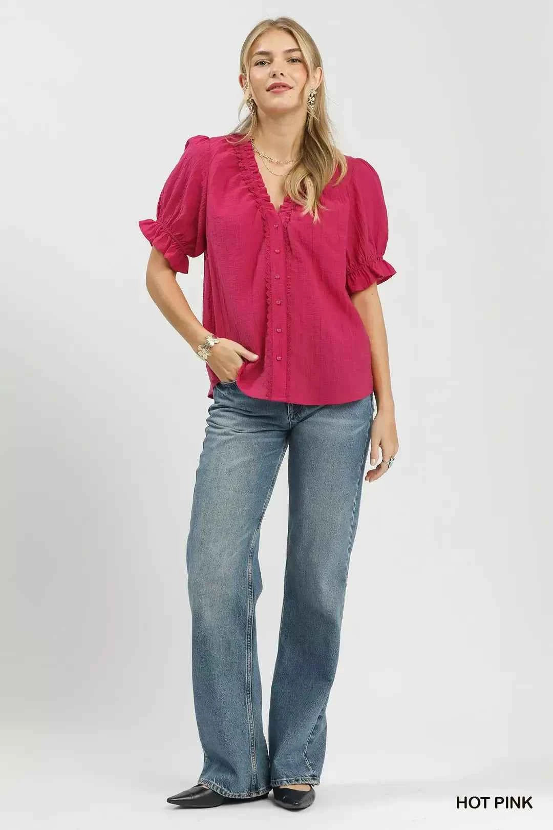 Hot Pink Textured Button-Front Puff Sleeve Top by Umgee Full View