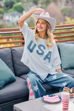 Ivory 4th Of July USA Letter Patchwork 3/4 Sleeve French Terry Top|BiBi Sitting View