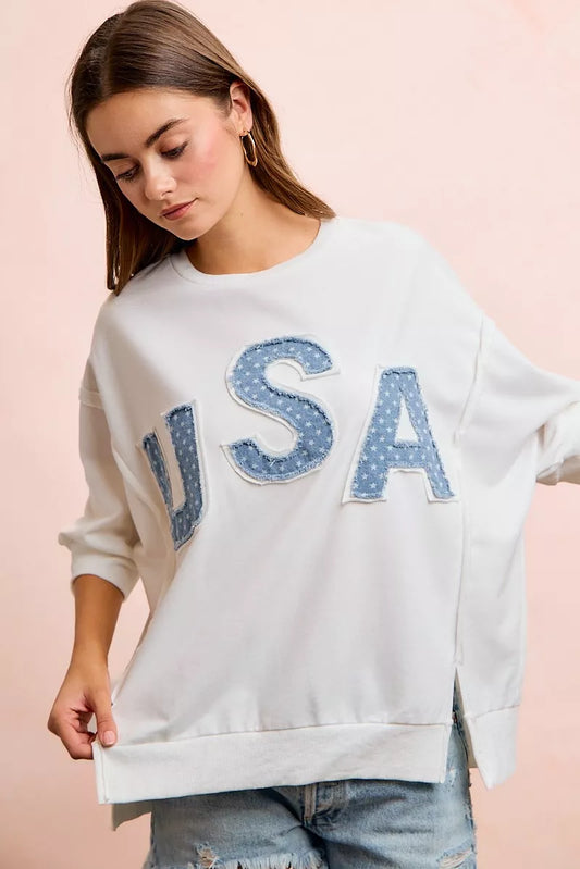 Ivory 4th Of July USA Letter Patchwork 3/4 Sleeve French Terry Top | BiBi Stretch View