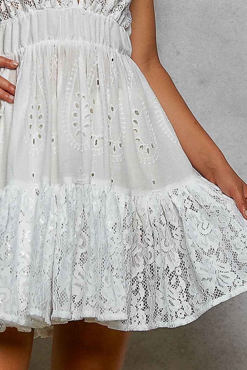 Ivory Halter Lace Patch Ruffle Mini Dress w/ Adjustable Tie Back | POL