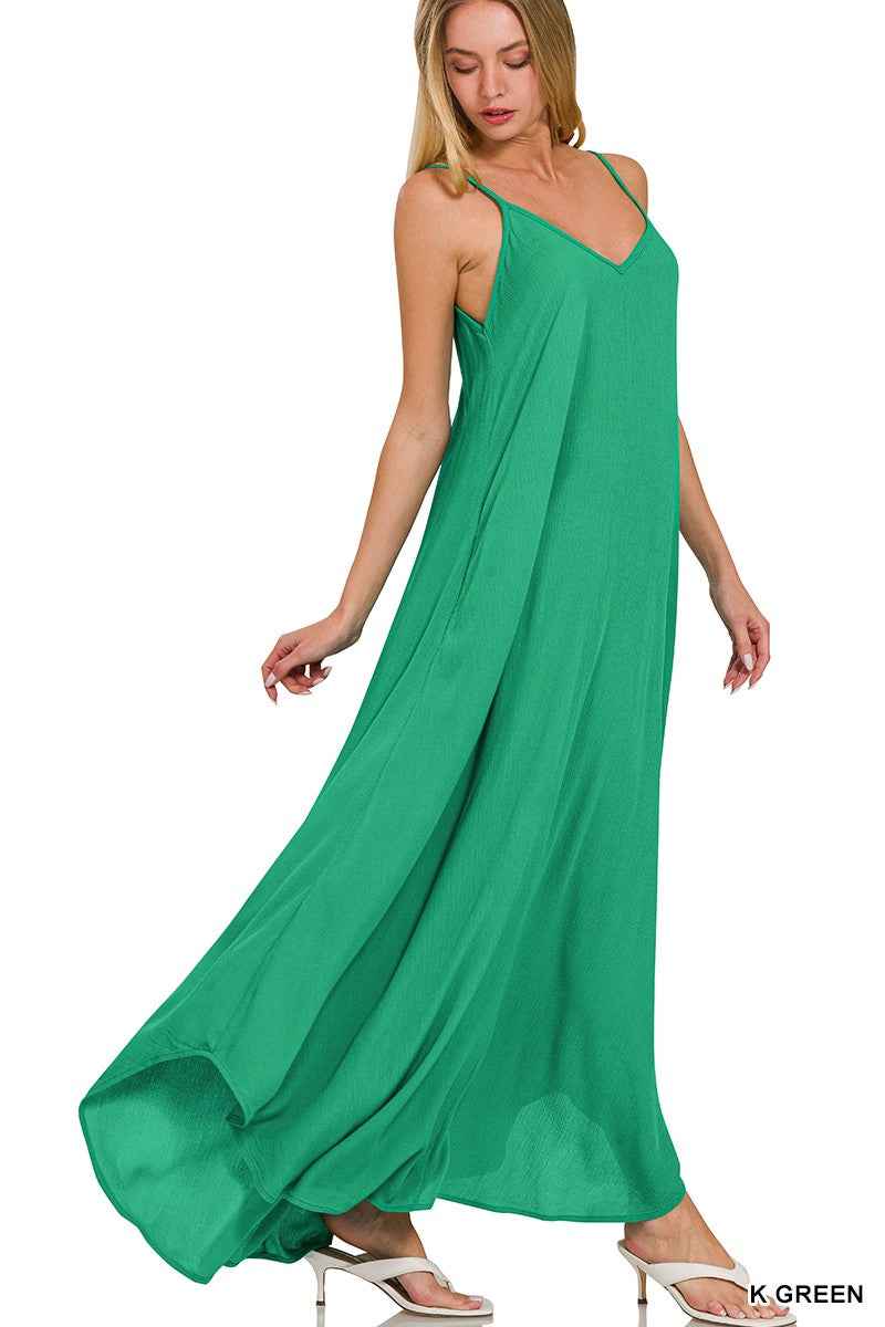Kelly Green Crinkle Cami Maxi Dress with Pockets by Zenana