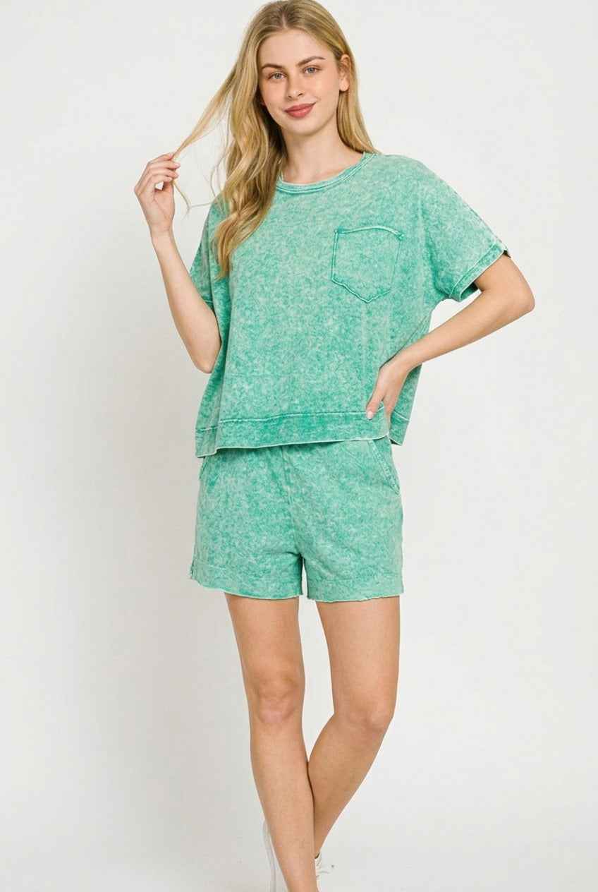 Kelly Green Halo Snow Washed Boxy Top & Shorts Set w/ Pockets by Zenana