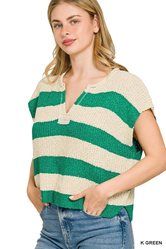 Kelly Green Split Neck Stripe Sleeveless Sweater by Zenana Side View