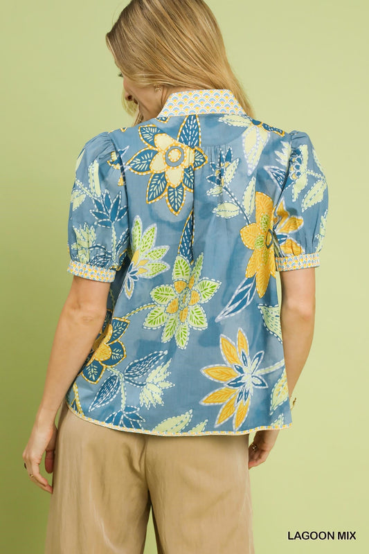 Lagoon Mixed Abstract Print Puff Sleeve Blouse by Umgee Back View