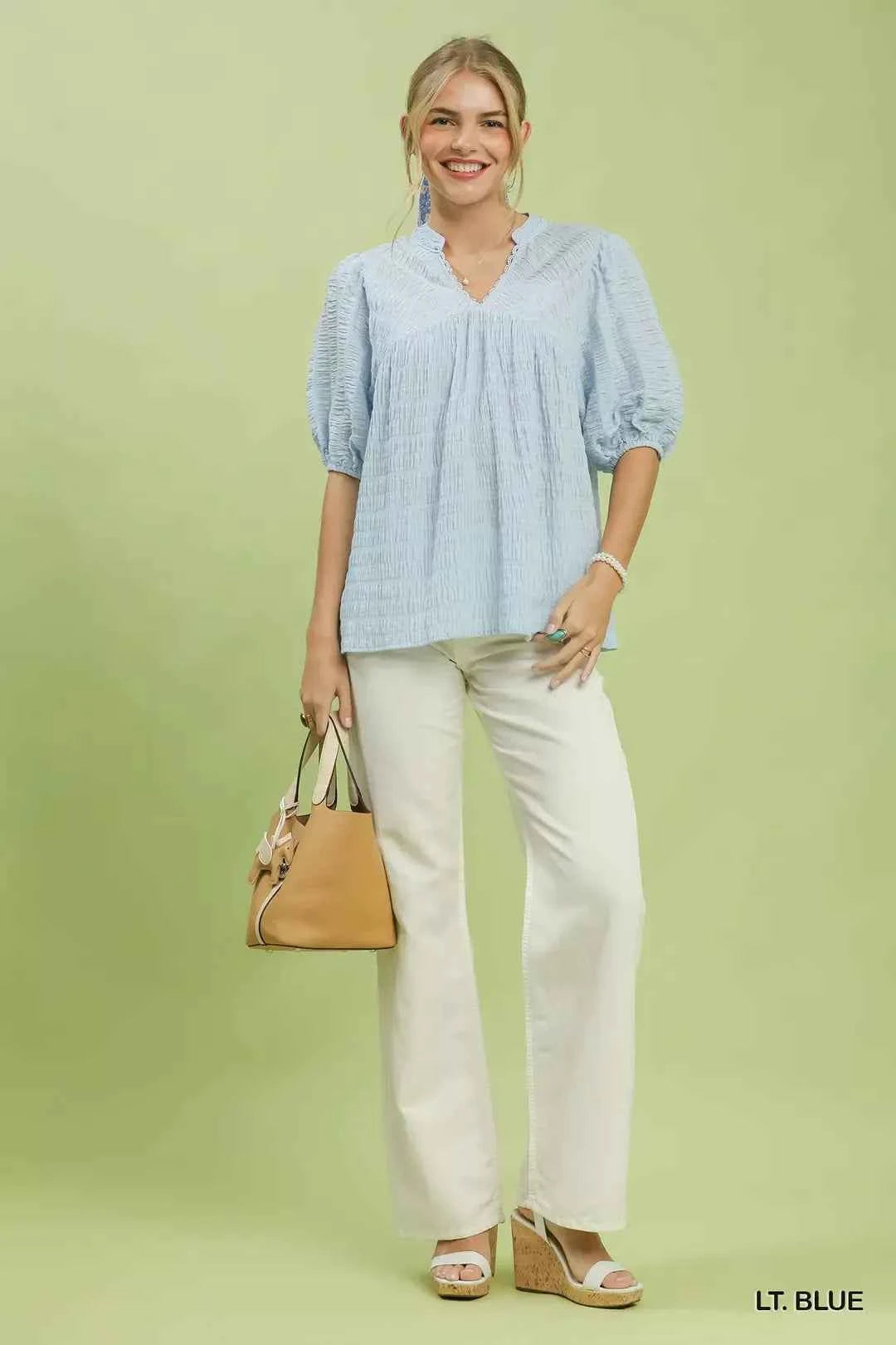 Light Blue Textured Puff Sleeve Blouse by Umgee Full View