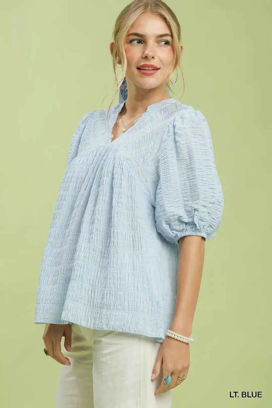 Light Blue Textured Puff Sleeve Blouse by Umgee Side View