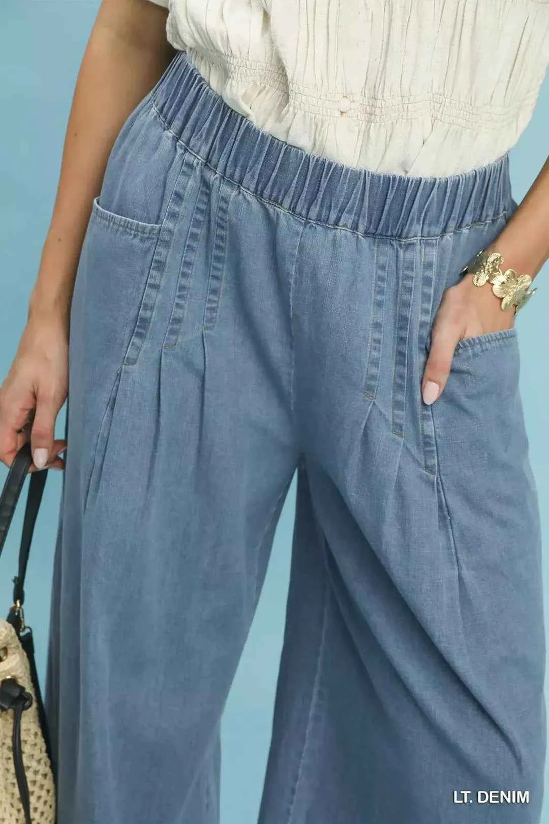 Light Denim Stone Washed Wide Leg Raw Hem Pants w/ Pockets by Umgee