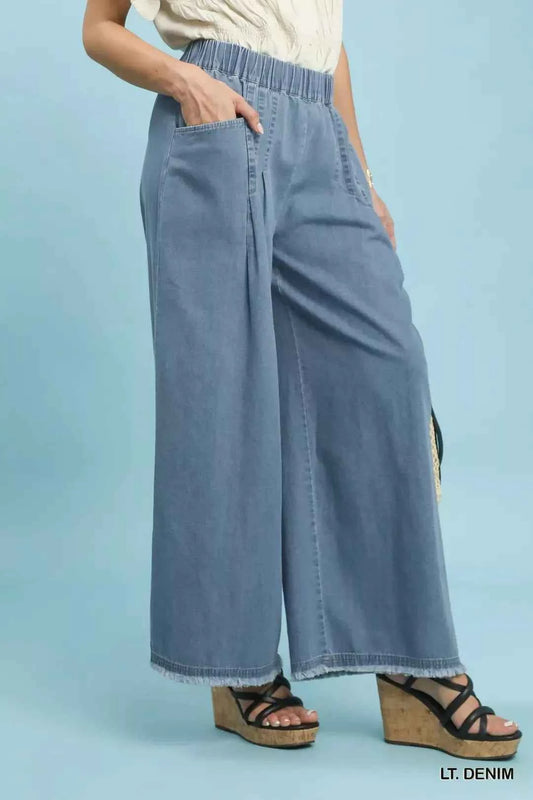 Light Denim Stone Washed Wide Leg Raw Hem Pants w/ Pockets by Umgee