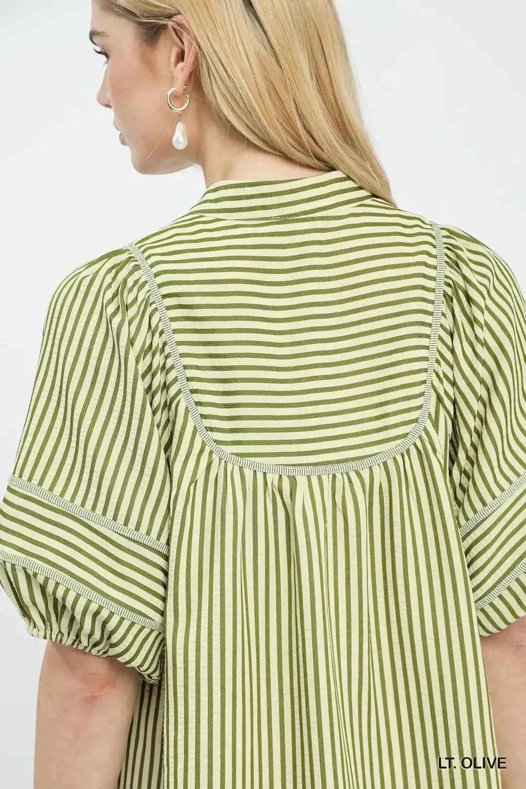 Umgee Striped Puff Sleeve Shift Dress Close View