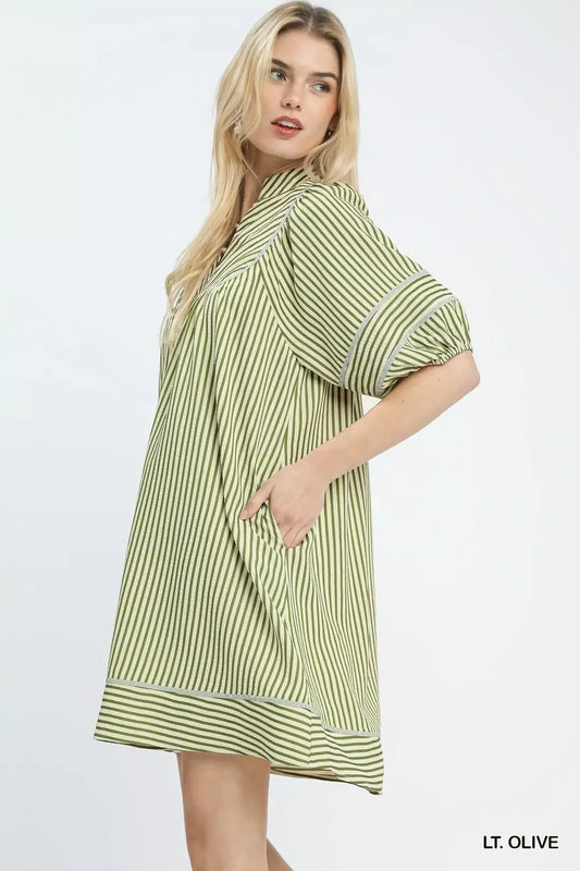 Light Olive Striped Shift Dress w/ Puff Sleeves & Pockets by Umgee Side View
