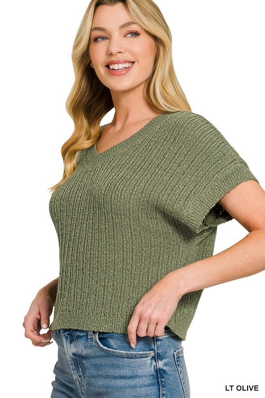 Light Olive Textured Knit V-Neck Cropped Sweater by Zenana Side View