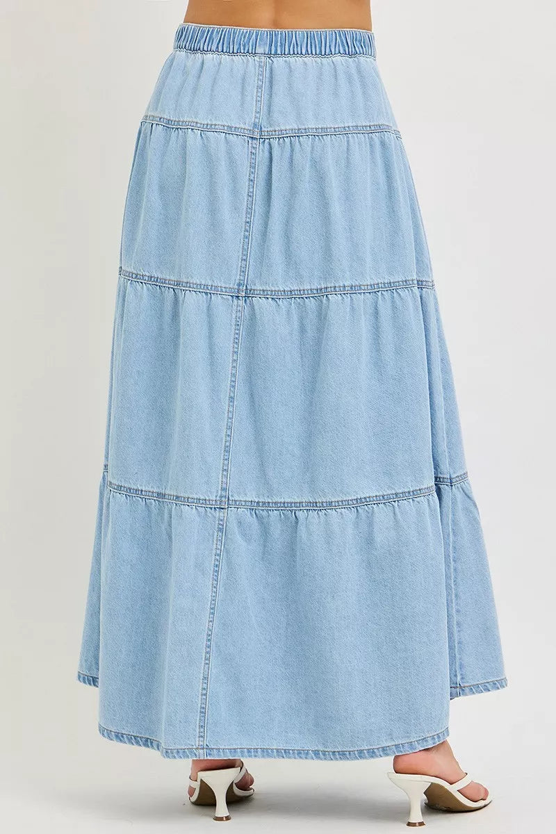Light Wash High Rise Ruffle Tiered Button Front Maxi Skirt by Risen Back View