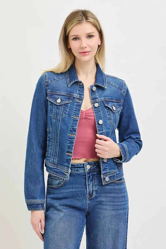 Medium Wash Basic Fitted Button Down Denim Jacket by Risen