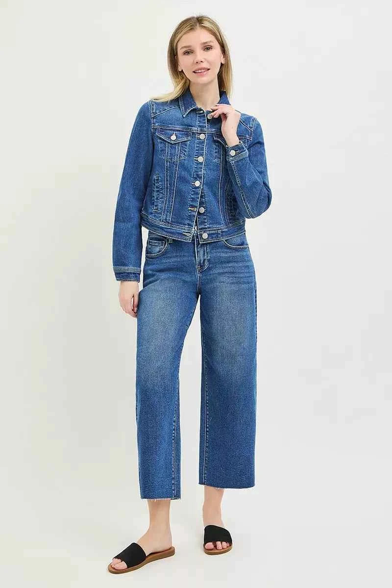 Medium Wash Basic Fitted Button Down Denim Jacket by Risen