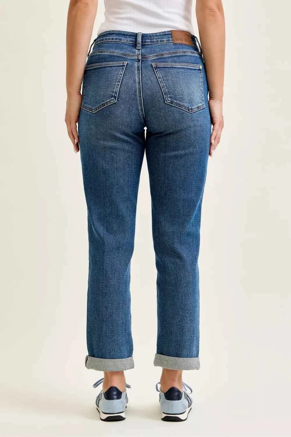 Medium Wash Mid Rise Boyfriend Embroidered Repair Patch Jeans by Judy Blue Back View