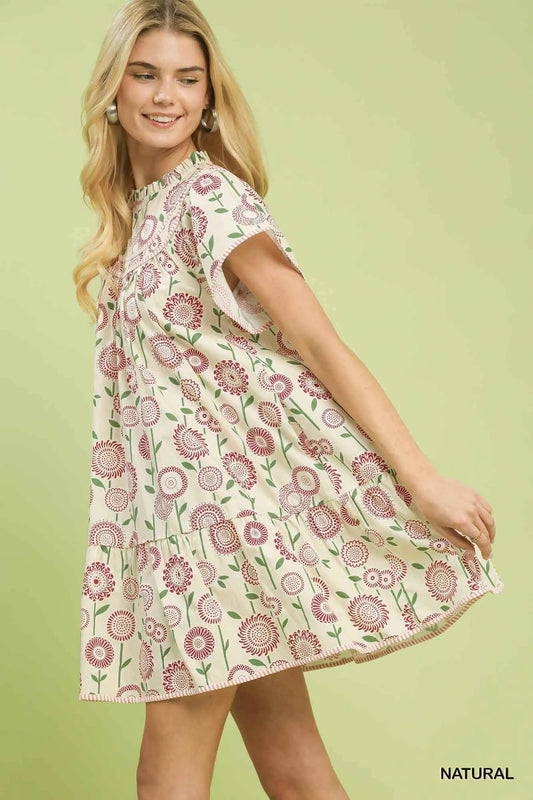 Natural Floral Print Tiered Babydoll Dress with Pockets by Umgee