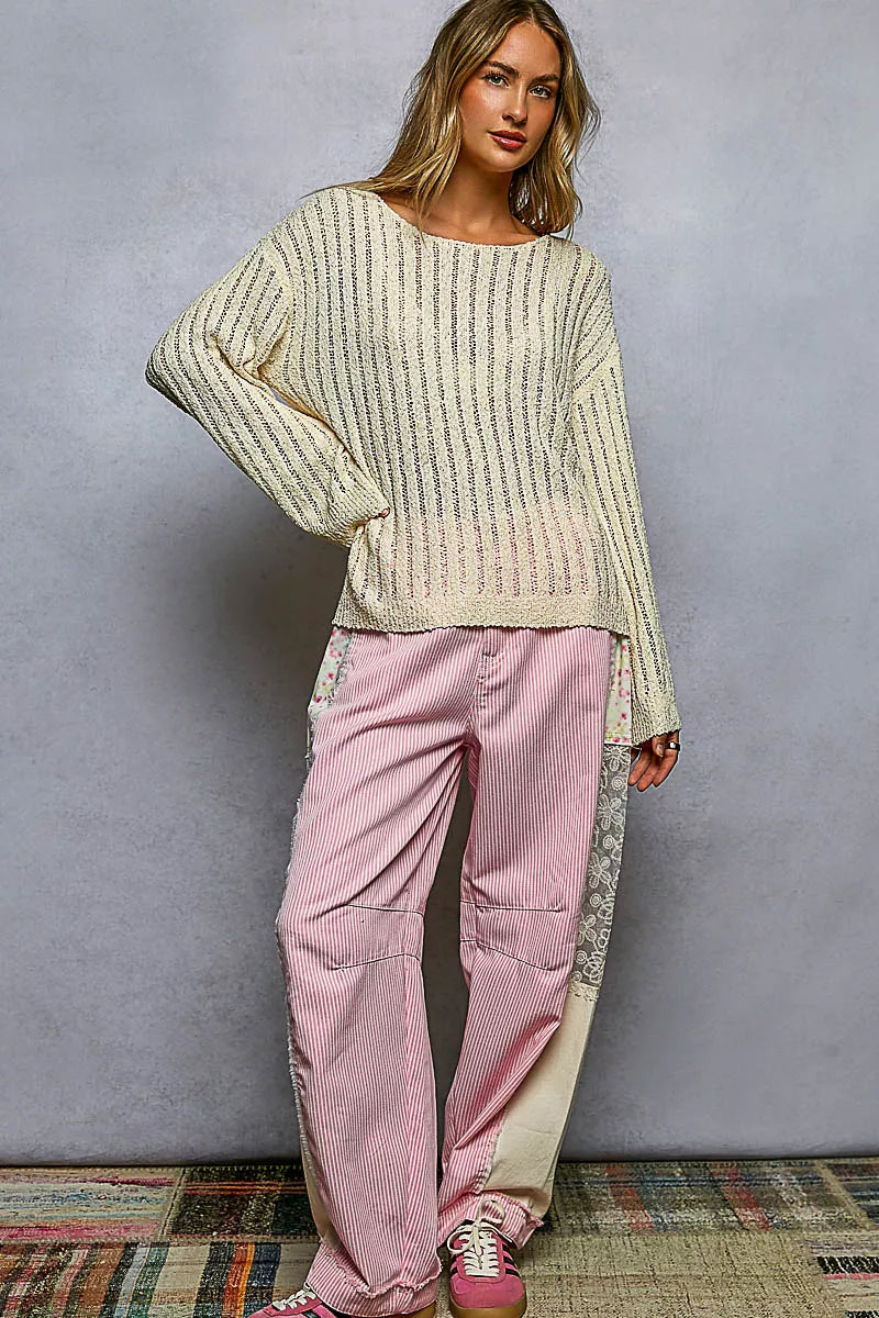 Natural Round Neck Long Sleeve Open Weave Sweater by POL Full View
