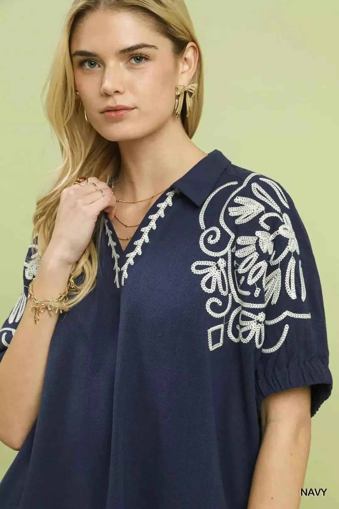 Umgee Floral Embroidered Sleeve Blouse Close View
