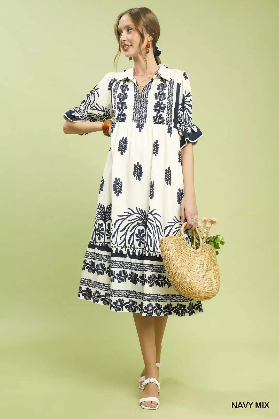 Navy Mix Border Print Midi Dress W/ Puff Sleeves & Pockets by Umgee Full View