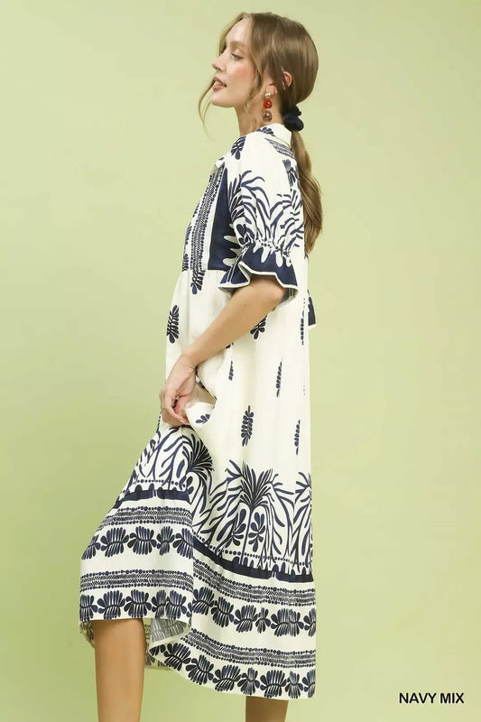 Navy Mix Border Print Midi Dress W/ Puff Sleeves & Pockets by Umgee Side View
