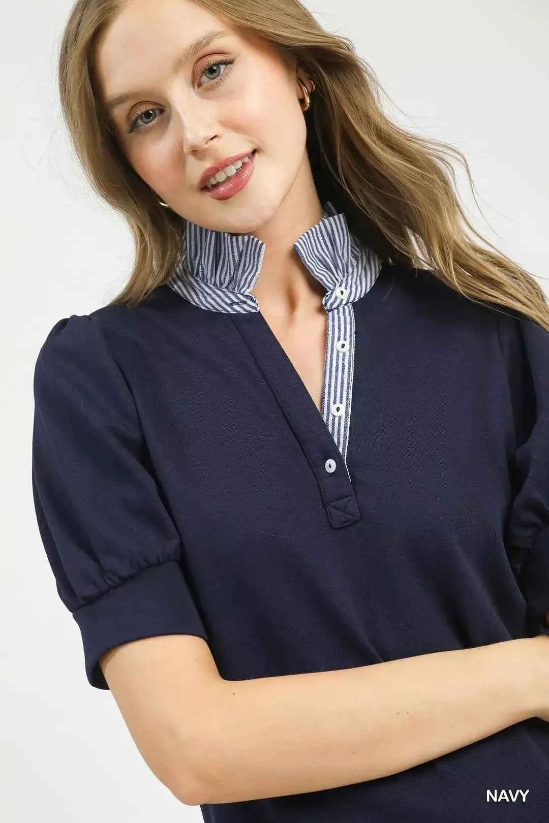 Navy Striped Collar Popover Top w/ Contrast Collar by Umgee