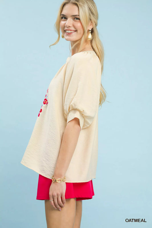 Oatmeal Embroidered Puff Sleeve Blouse by Umgee Side View