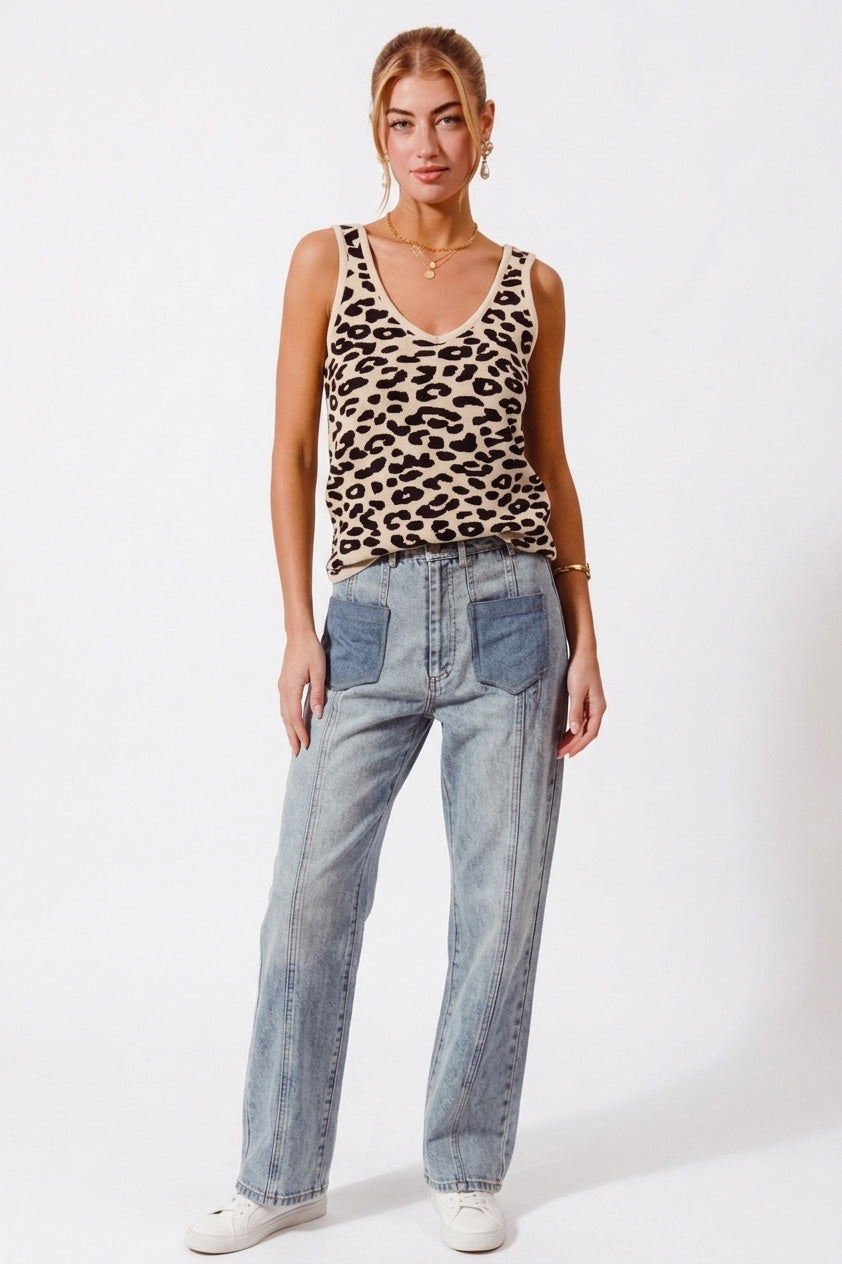 Oatmeal Leopard Knitted Lightweight V Neck Tank Top by So Me with jeans