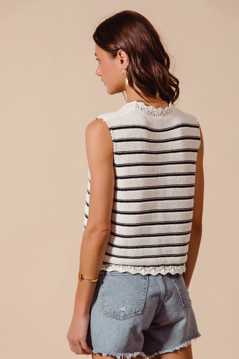 Off White Button Front Black Stripe Texture Knit Sweater Vest by So Men Back View