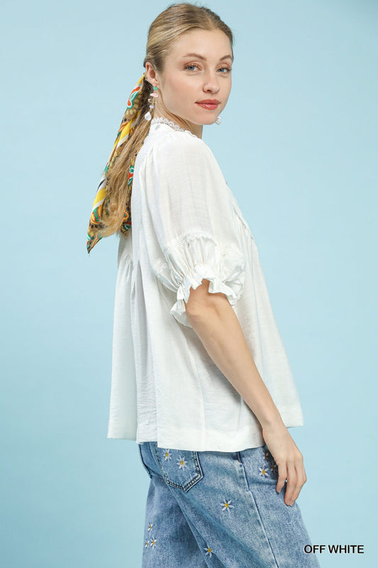 Off White Smocked Yoke Blouse with Ruffle Sleeves by Umgee Side View