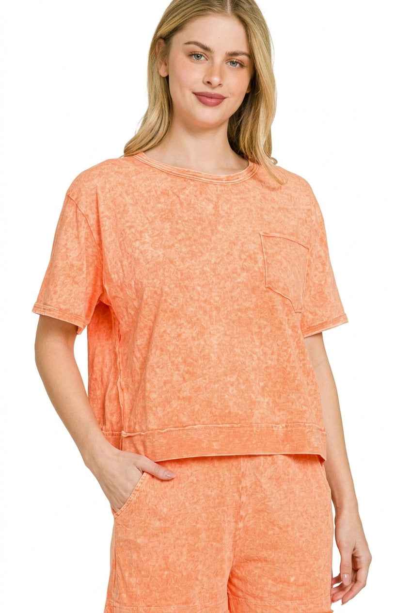 Orange Halo Snow Washed Boxy Top & Shorts Set by Zenana
