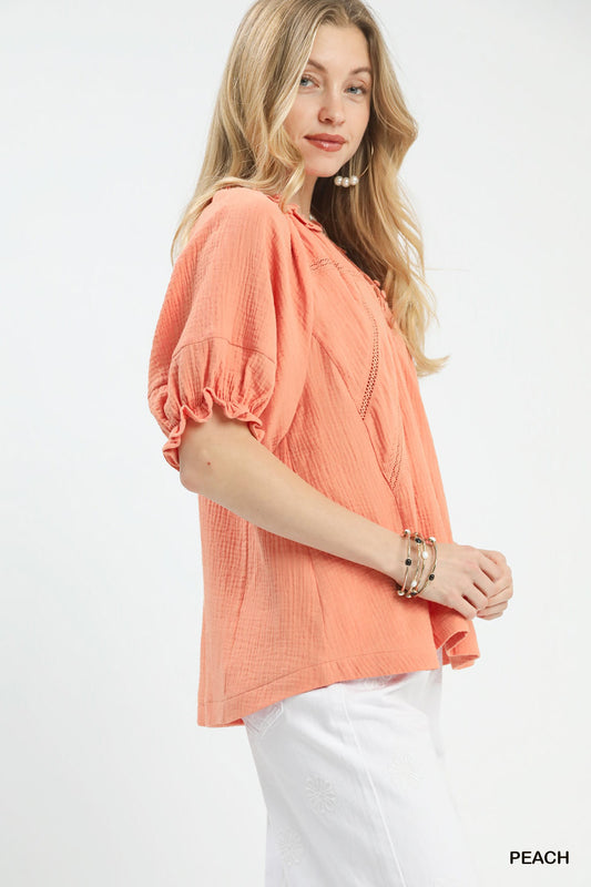 Peach Cotton Gauze Ruffle Top by Umgee Side View