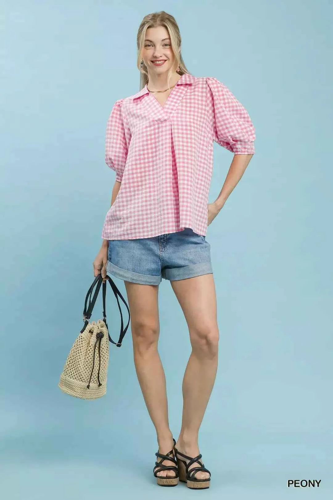 Peony Pink Gingham Puff Sleeve Collared Blouse by Umgee Full View