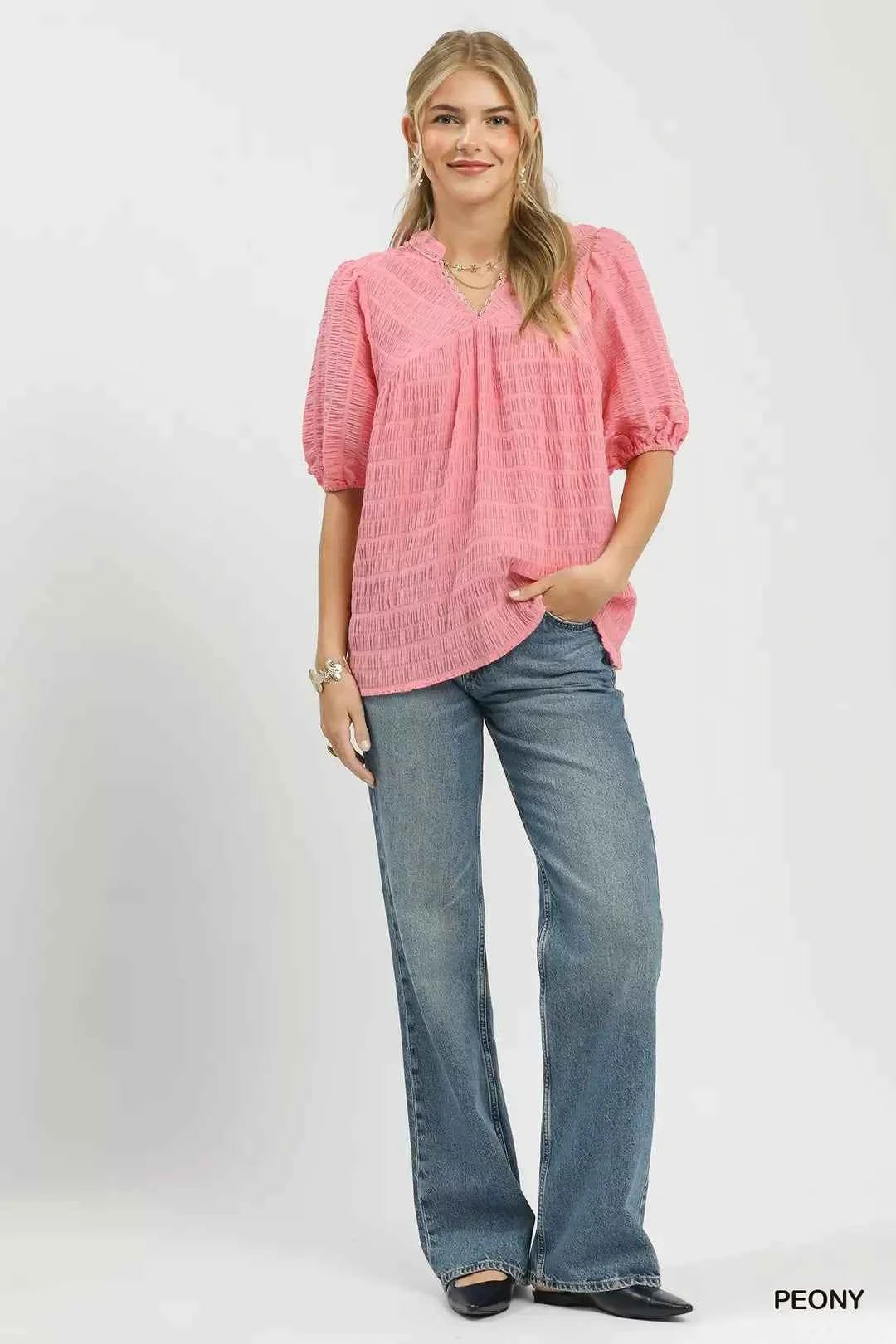Peony Textured Puff Sleeve Blouse by Umgee