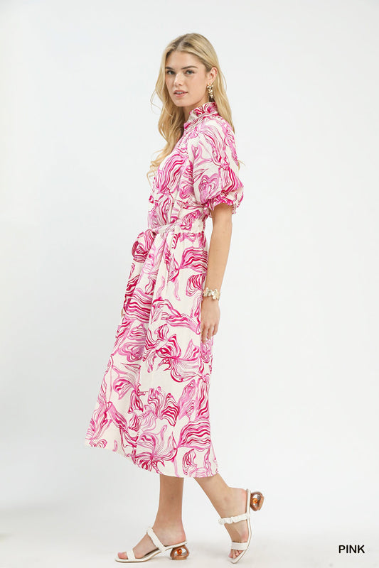 Pink Abstract Print Smocked Tie Waist Midi Dress W/ Pockets by Umgee Side View
