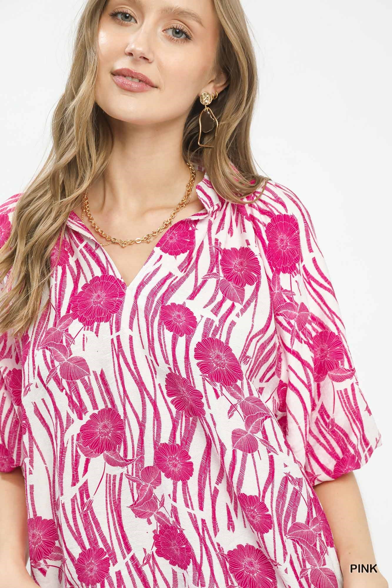 Pink Floral Scalloped Edge Puff Sleeve Blouse by Umgee | Feminine Boho Top Close View