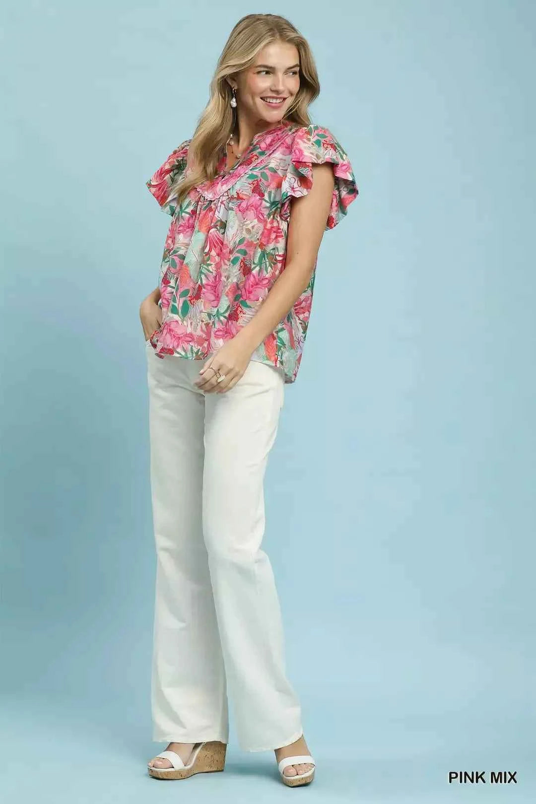 Pink Mix Tropical Print Blouse with Ruffle Cap Sleeves by Umgee full View
