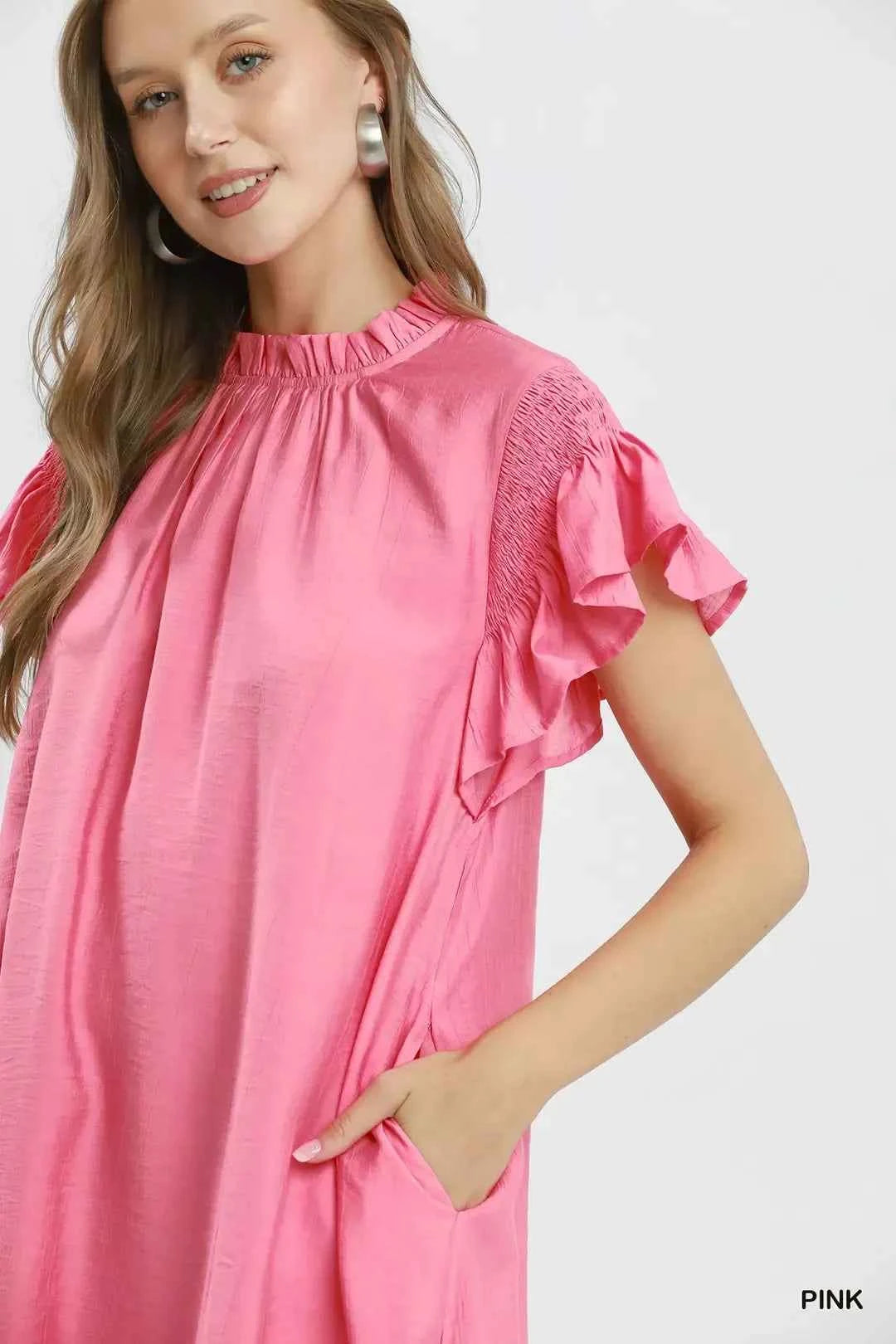 Pink Ruffle Flutter Sleeve Lined Dress with Pockets by Umgee Close View