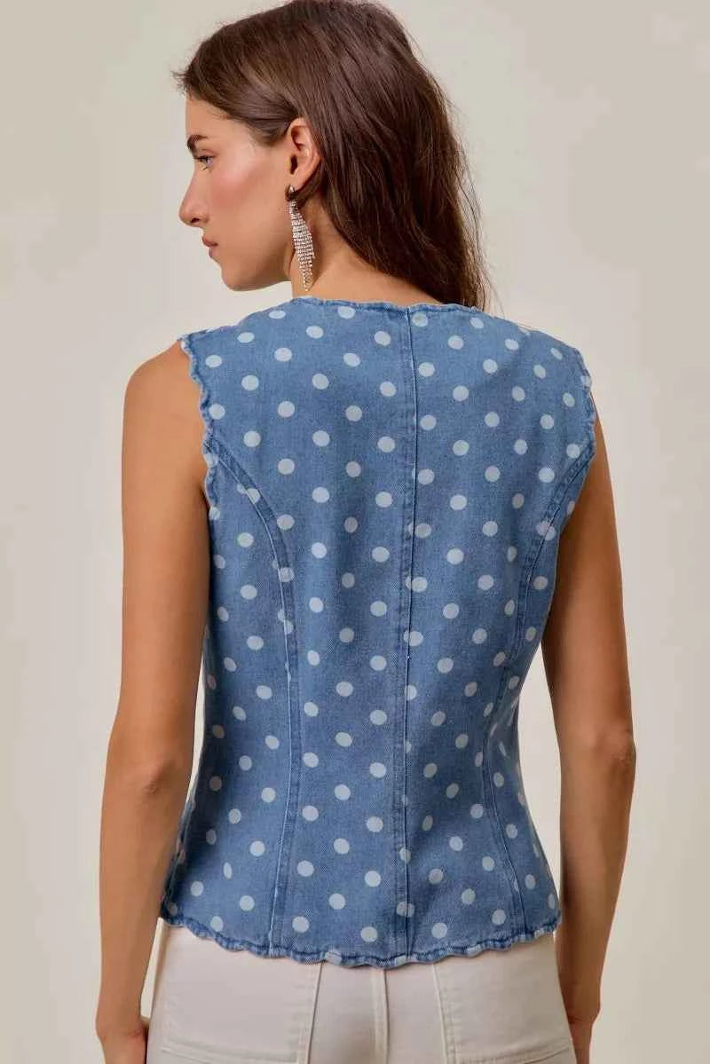 Polka Dot Denim Scallop Edge Button Down Vest Top by So Me