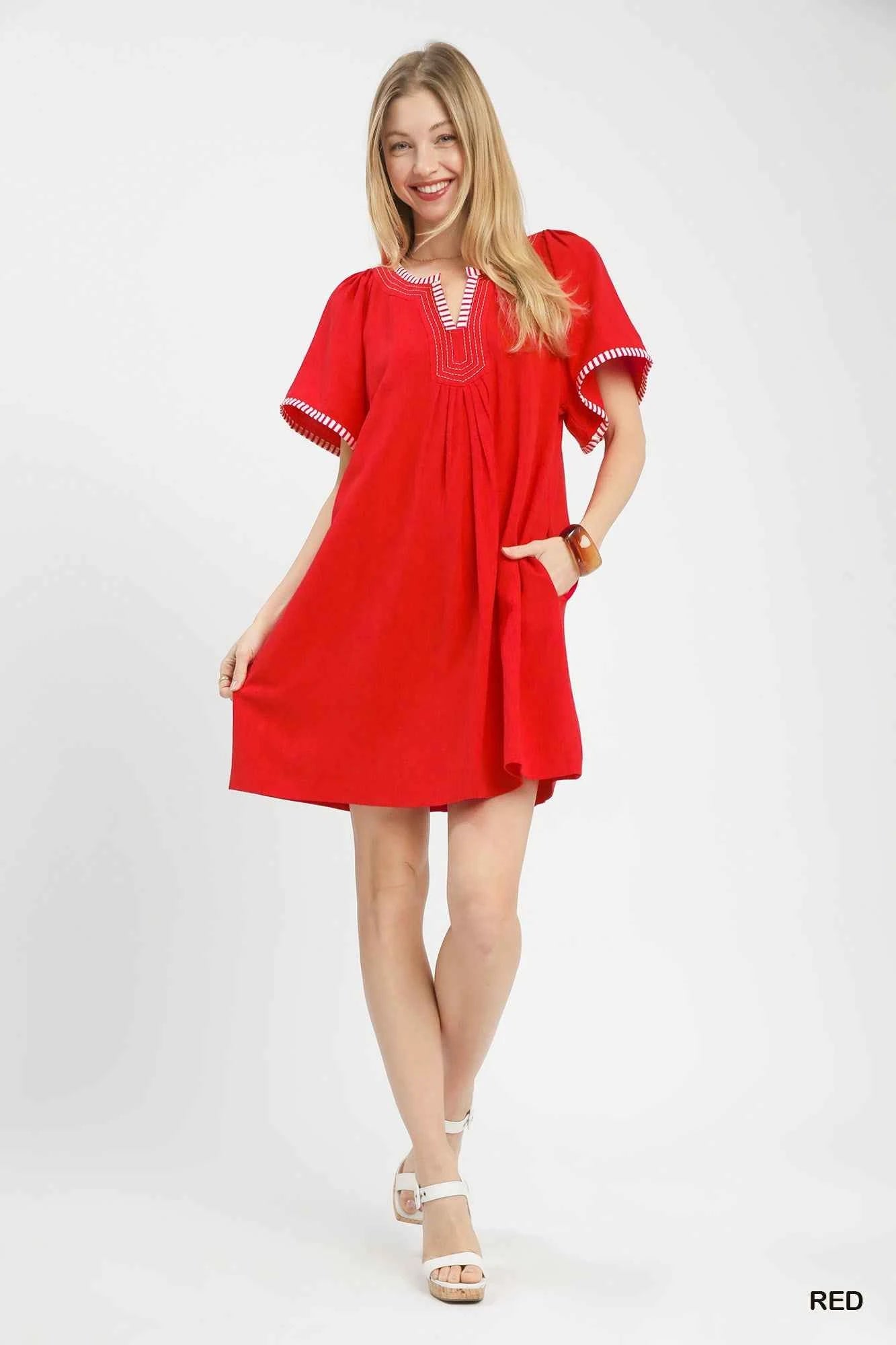 Red Linen Blend Tunic Dress with Flutter Sleeves by Umgee