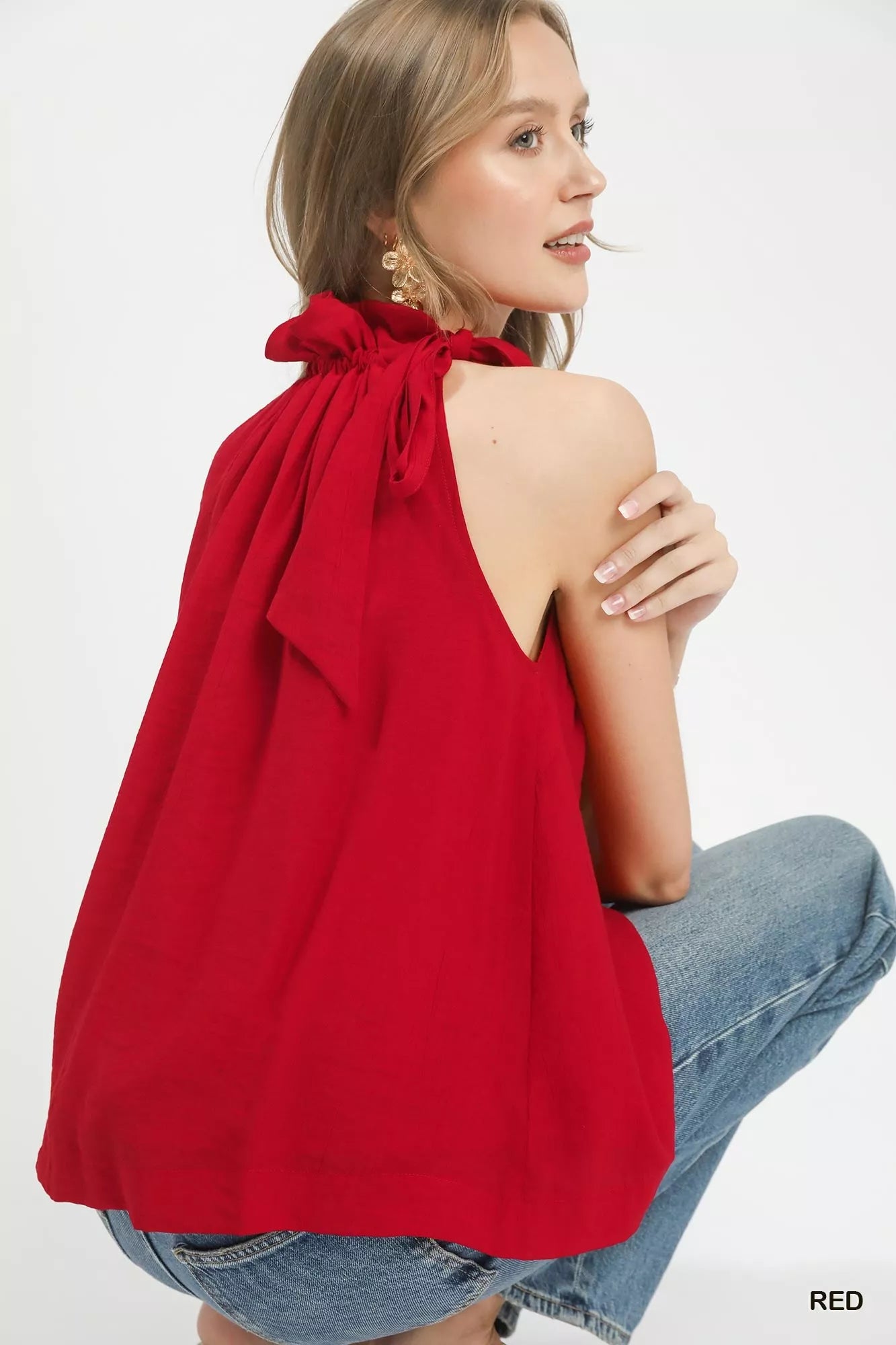 Red Tie-Neck Ruffle Halter Boho Top by Umgee Back View2
